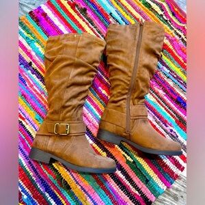 Brown Heeled faux suede riding Boots for Women with brass buckle size 7 NWOT